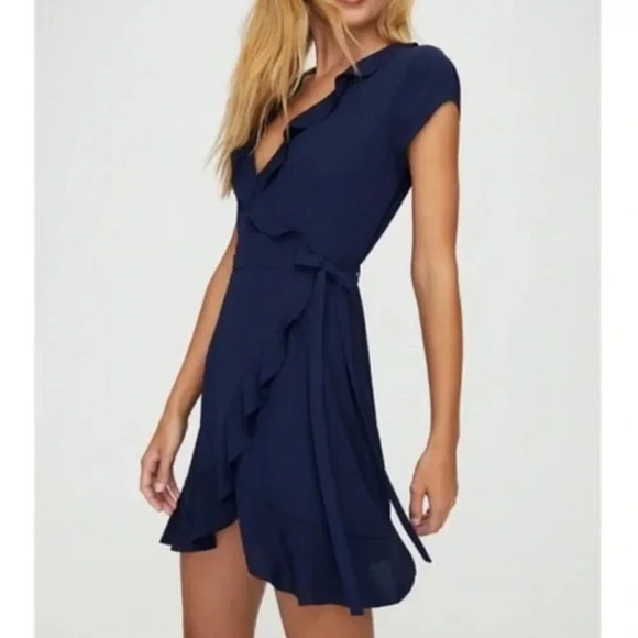 Aritzia Sunday Best Ruffle Savoy Wrap Dress Navy Blue Size 0 - Picture 2 of 7